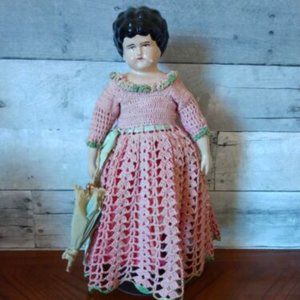 Vintage 15" Composition Doll Low Brow Molded Hair Crocheted Dress with Parasol
